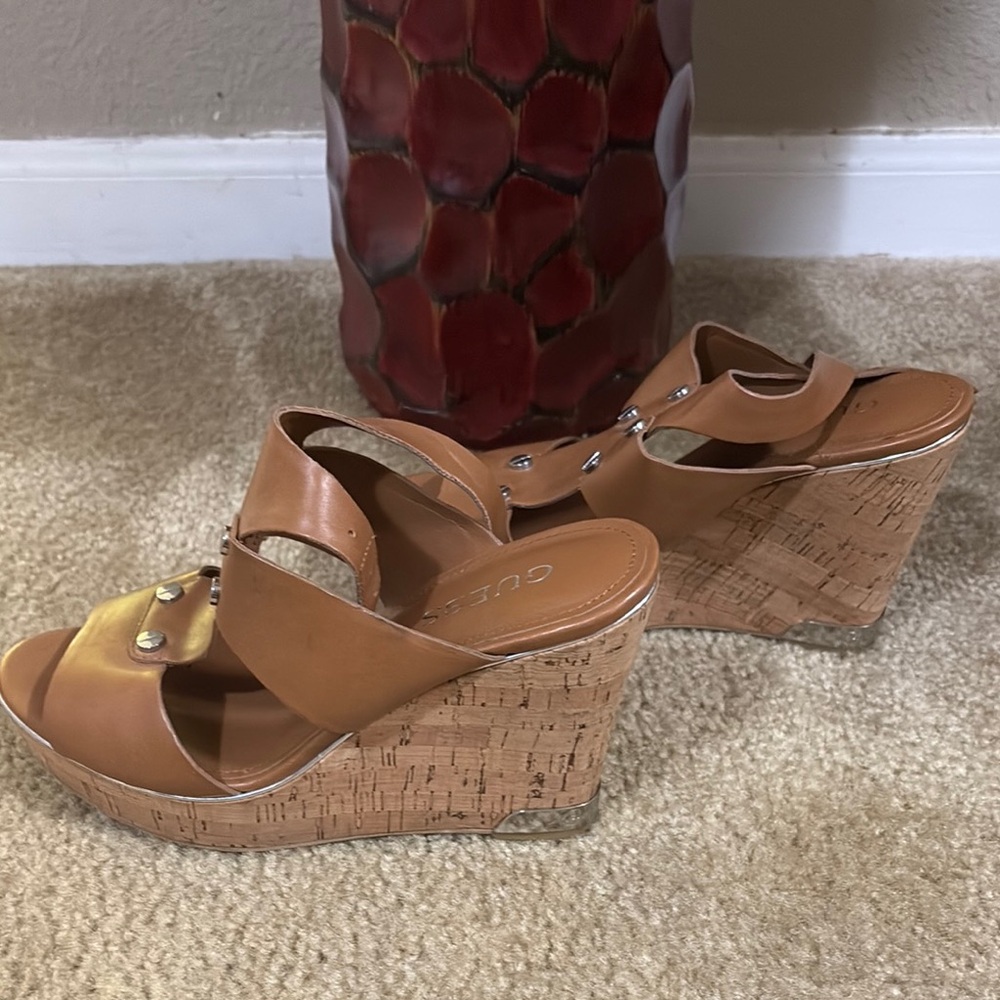 Guess Brown Cork Wedge Sandals